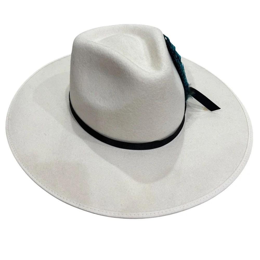 Flea Style White Australian Wool Wide Brim Fedora Hat Texas Feather 58cm